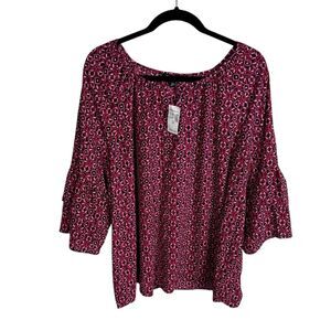 Roz & Ali Women's Top Blouse Size 3X Dark Pink Print 3/4 Sleeves NEW